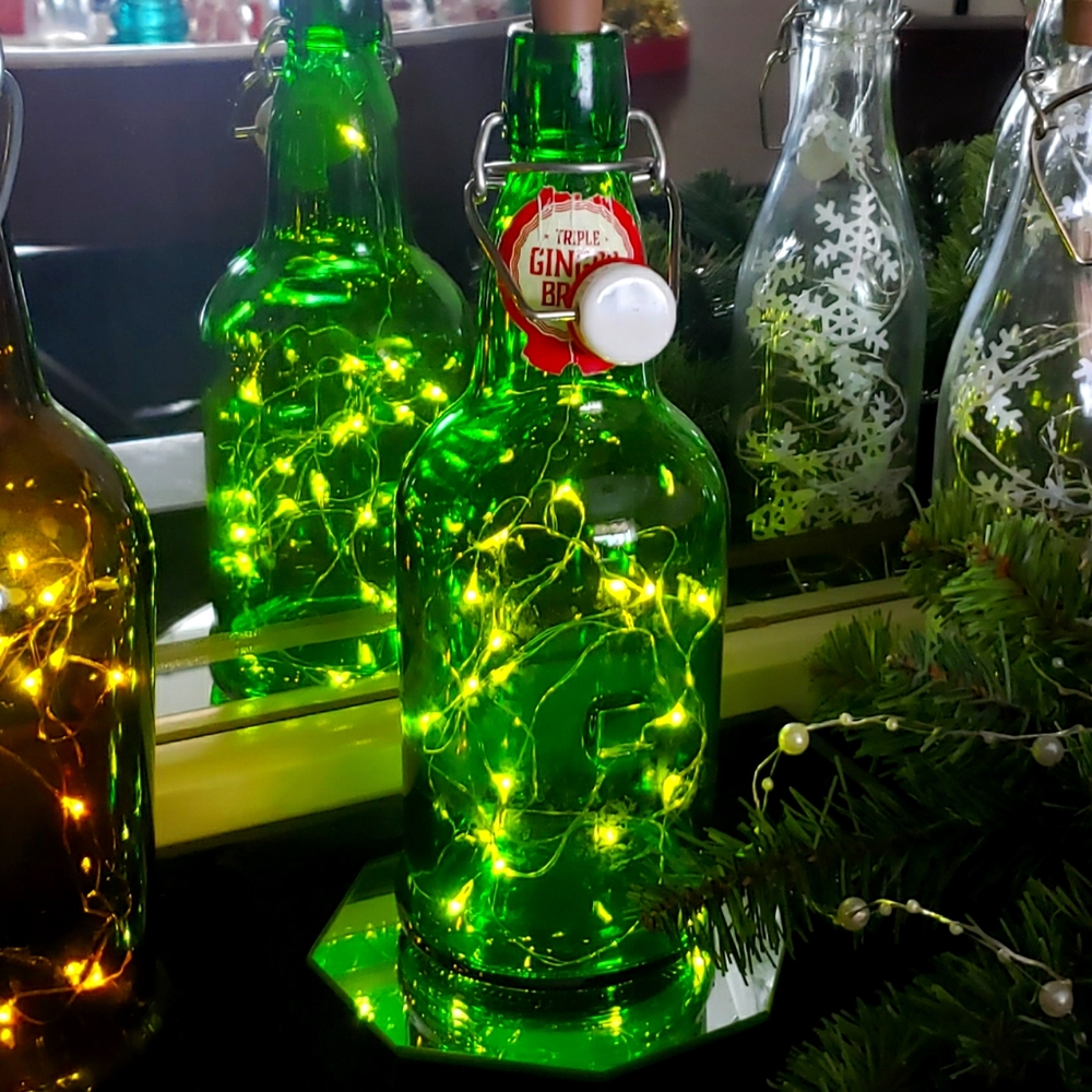 Vintage Ginger Beer green bottle with fitted string lights